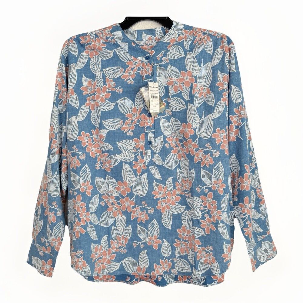 NEW Reyn Spooner Nupolupolu Blouse XXL Blue Nautical Floral Coastal Resortwear